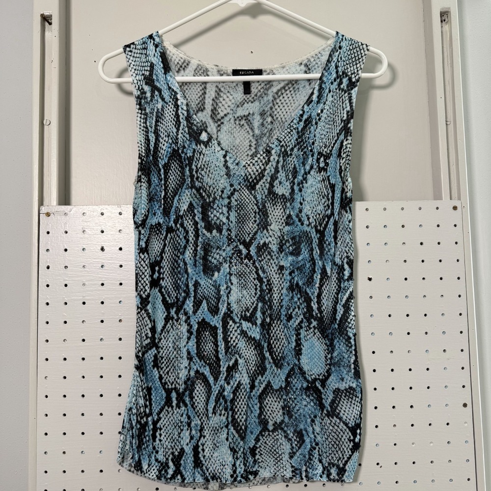 Escada V-Neck Sleeveless Knit Top Women's 42 Blue Black‎ Snake Print Sparkle